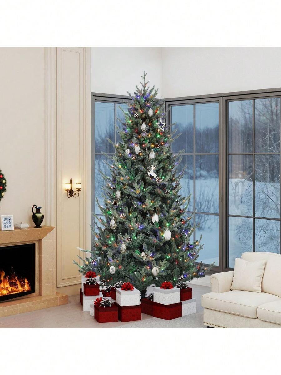 7.5ft Prelit Hillside Spruce Christmas Tree W/Remote Control With 51 Pine Cones
