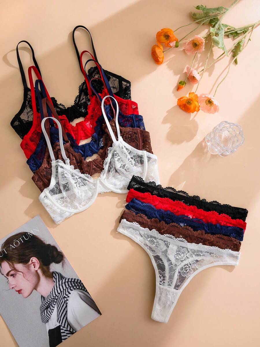5pcs/Set Women's Solid Color Lace Underwire Soft Cup Comfortable Bra Set - Multicolor - View 1
