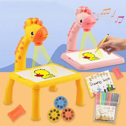1 Mesa de dibujo de proyección con jirafa amarilla o rosa para niños - Mesa de aprendizaje y creatividad multifuncional, juegos educativos. Adecuado para juguetes infantiles. El mejor regalo para niños y niñas. Juguetes inteligentes para Nochebuena y Navidad (Batería no incluida)
