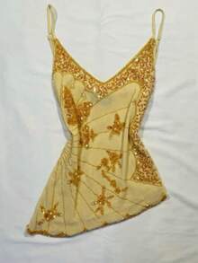 Mermaid Girl Fantasy Irregular Sequin Mesh Suspender Vest Sexy Hot Girl Top 2025 Summer Women's Design Sense - 淺黃色 - 查看 2