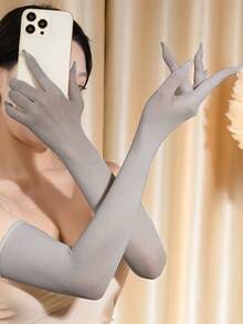 1 双女士纯色超薄透气舒适优雅无缝长款无指手套，适合夏季防晒、旅行、音乐节、万圣节派对、角色扮演 - 酒紅色 - 查看 9