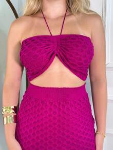 Women's Modal Scale Knit Set Versatile Top Tie And Short Skirt For Beach Summer Outing One Size Elastic. - Beet - View 2
