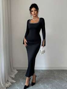 Women's Autumn/Winter New Stylish Pearl Detail Square Neck Long Sleeve Midi Dress, Knitted Fabric Fitted Slimming