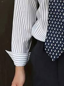 男士黑色条纹正装衬衫，绅士简约条纹长袖衬衫，修身版型，适合春秋夏秋季商务休闲穿着 - 黑與白 - 查看 6