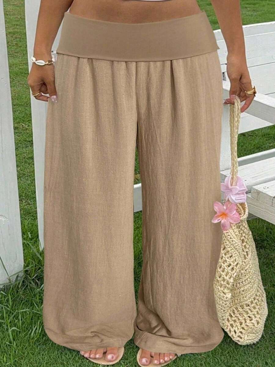 Women Pants - Loose Wide Leg Straight Leg Solid Color - 卡其色 - 查看 1