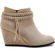 Womens Wedge Ankle Boots Braided Fringe Strap Western Heeled Fall Booties Dress Shoes - 2-Xám đậm (giả da lộn) - Xem 9