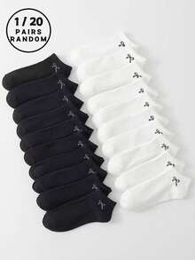 1 Pair/20 Pairs Assorted Bow Tie Pattern Flat Low-Cut Socks, Suitable For Outdoor Sports, Fitness, Daily Wear, Minimalist Japanese Style, Versatile For Sneakers, Dress Shoes, Platform Shoes, Business Commute, Hiking, Unisex, Soft, Breathable, Moisture-Wicking, Odor-Resistant For Men And Women, Campus Sportswear - Black and White - View 4
