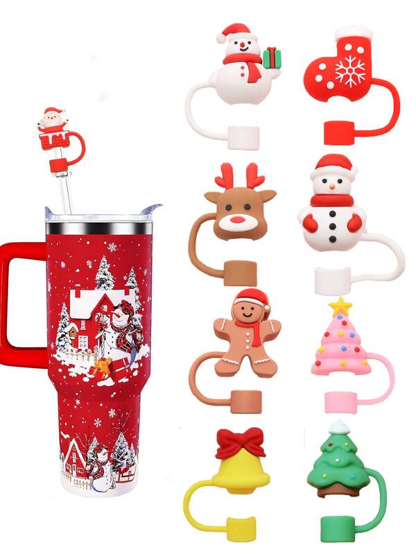 1 pezzo Copertura riutilizzabile in silicone antipolvere per cannucce, decorazione creativa e carina per feste di Natale, con motivi divertenti di Babbo Natale, albero di Natale, pupazzo di neve carino, renna - decorazione per bevande, atmosfera festiva con amici, tavolo per feste di compleanno, accessorio fotografico natalizio, diametro 10mm