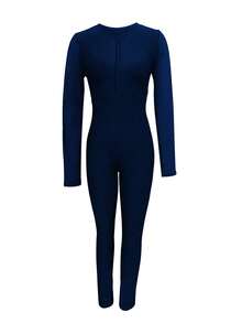 休闲经典圆领后交叉前拉链长袖连体裤紧身衣春夏新品露背