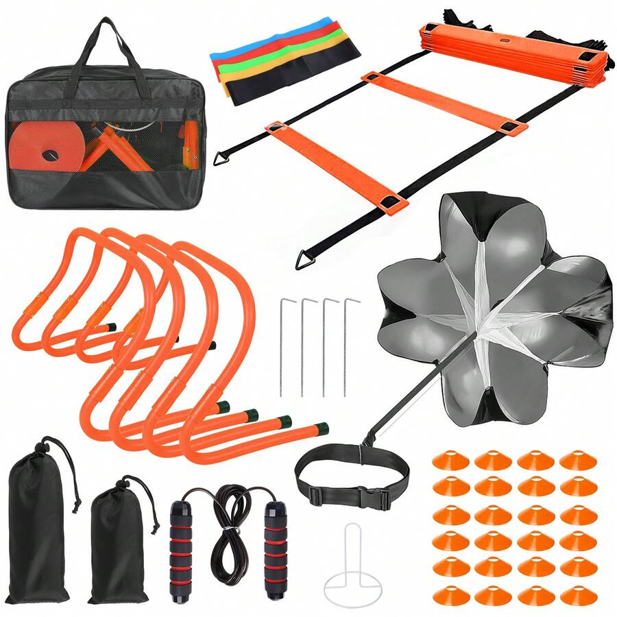 42pcs Agility Ladder Football Training Equipment Set Include 4 Agility Hurdles 24 Cones Running Parachute 12ft Ladder - Orange - View 1