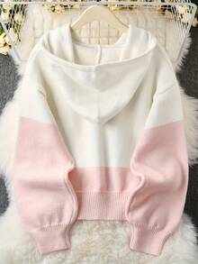 Women'S Casual Pink Color Block Hooded Sweater - Cozy Long Sleeve Cardigan With Button Details, Perfect For Fall/Winter, Relaxed Fit, Long Sleeve Sweater - 粉色 - 查看 2