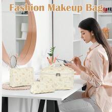 Set de Bolsas de Cosméticos de Viaje para Mujeres, Set de Bolsas de Aseo de Algodón, Bolsa de Aseo Acolchada para Mujeres con Patrón Floral, Paquete de 3, Cereza Blanca - Amarillo-naranja - Ver 6