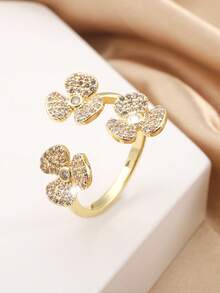 1pc Fashionable Three Little Flowers Zirconia Open Ring For Women's Daily Wear