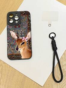 1pc Deer Print Lanyard Phone Case, Vintage Style Black Deer & Floral Pattern Printed Phone Protective Case + 1pc Black Phone Lanyard + 1pc Transparent Phone Pad, Suitable For Those Who Love Animal Elements And Unique Artistic Atmosphere, Suitable For Outdoor Travel And Running To Wear Safely Without Dropping The Phone Case, Fashionable Retro Matte Anti-Fall Full-Edged Protective Camera TPU Soft Phone Case