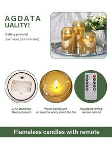 3 件无焰蜡烛灯，带定时器/遥控器，电池供电，LED 许愿蜡烛灯，浪漫氛围装饰灯，无烟电子 LED 蜡烛，桌面装饰灯，温暖蜡烛灯，适用于圣诞节、情人节、万圣节、家居、求婚、婚礼、礼物、生日装饰、派对 - 金色 - 查看 8