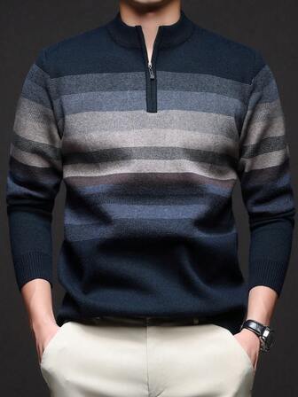 男士秋冬半拉链领条纹休闲套头毛衣，商务通勤简约风格，长袖上衣