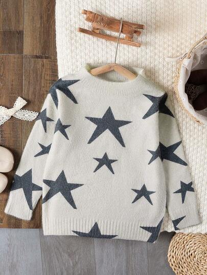 Talla grande, pide una talla menos. Conjunto deportivo casual de niña de punto cálido con estampado de estrella, adecuado para actividades al aire como regalo, otoño/invierno
