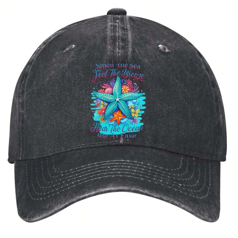 Ocean Breeze Smell, Feel, Hear, Relax Hats Vintage Washed Baseball Cap - 黑色 - 查看 1