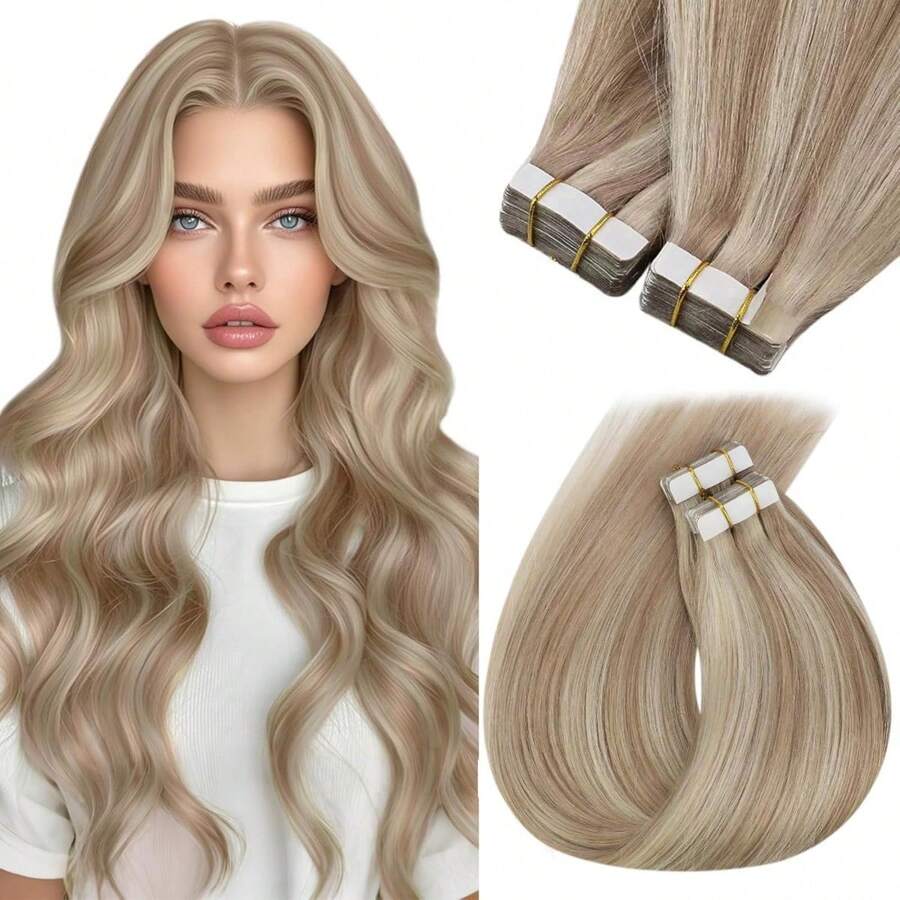 150grams Tape In Hair Extensions Human Hair,#60 Platinum Blonde 16-26inch,20Pcs/50Grams,100% Brazilian Remy Tape Ins Real Human Hair Extension,Christmas Birthday Gift For Women, Perfect For Daily Party & Wedding Use, 4-5 Packs To Add Length & Volume - S12/16/613 - 查看 1