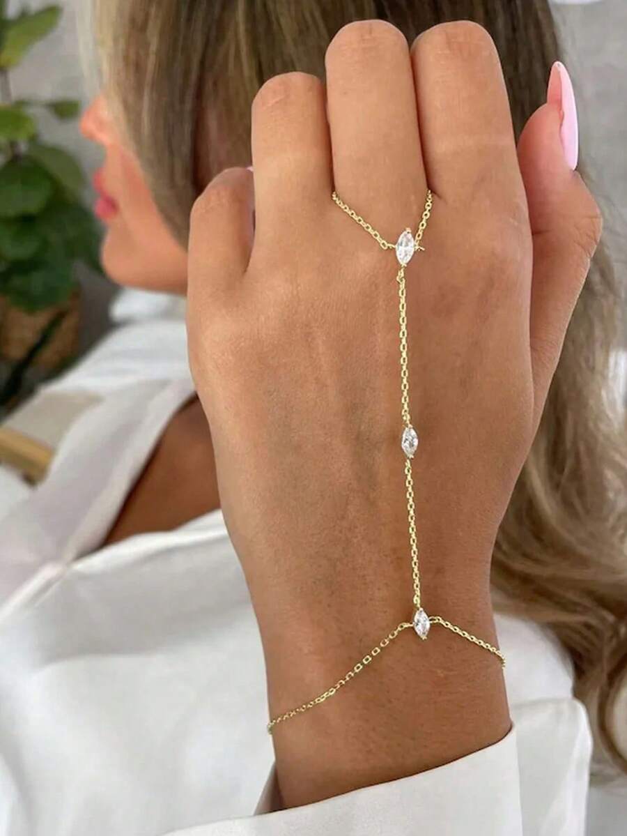 1件波西米亚风菱形水晶手链/指链，女士简约精致链饰，礼品 - 金色 - 查看 1