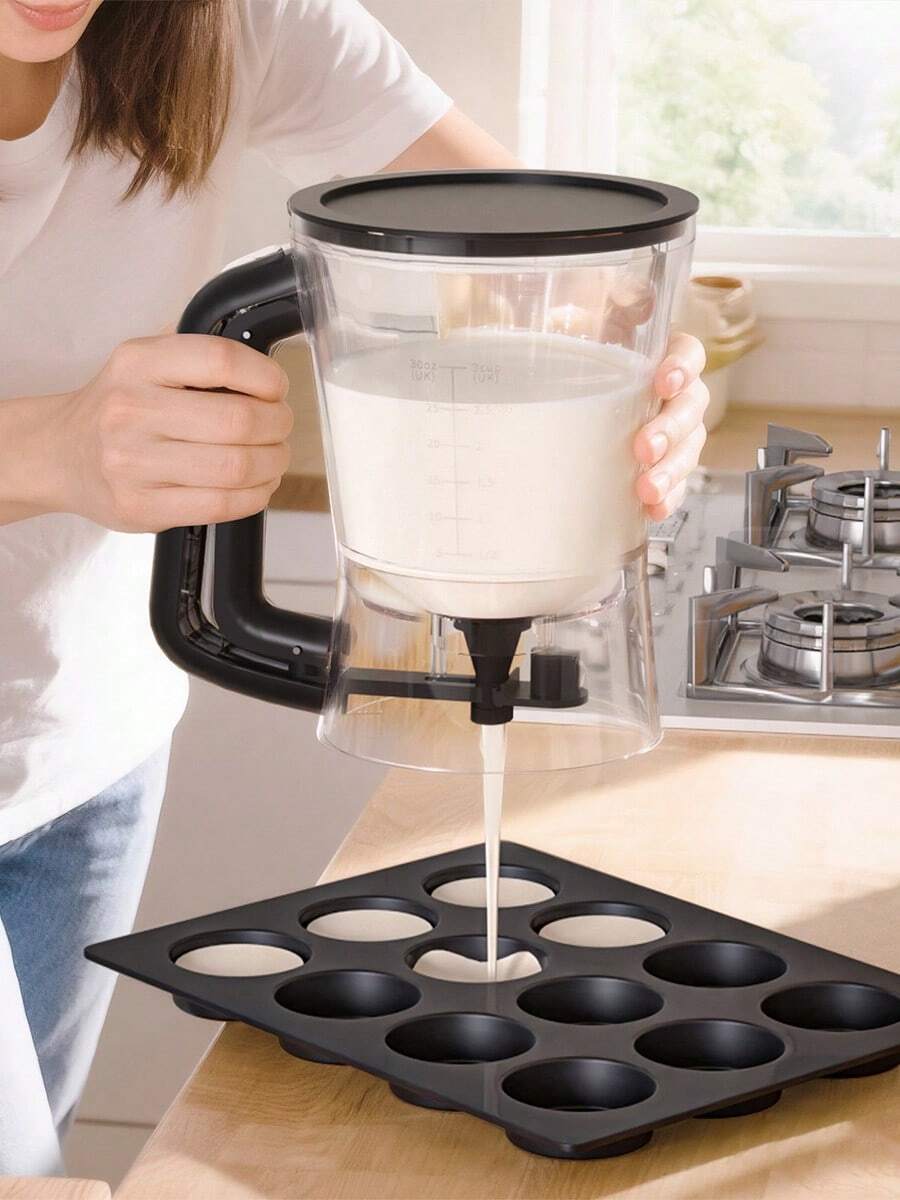 1pc Large Capacity Pancake Batter Dispenser With Measurement Markings, Plastic Baking Tool For Pancakes, Cupcakes, Waffles, Cakes, Muffins, Easy To Control, Kitchen Gadget - Black - View 1
