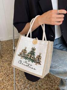1pc Christmas Print Linen Tote Bag, Reusable Printed Women'S Tote Bag, Double Handle Shopping School Bag, Large Capacity Shoulder Bag, Casual Tote Bag, Christmas Storage Bag, Suitable For Commuting, School And Shopping, Convenient For Outdoor Use, Gift For Friends And Besties, Teacher Gift, Perfect Choice For Vacation And Festival