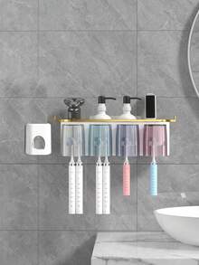 一套壁挂式牙刷架，配有2/3/4个牙刷杯和牙膏分配器，简约创意浴室壁挂式牙刷收纳整理架，无需钻孔，节省空间