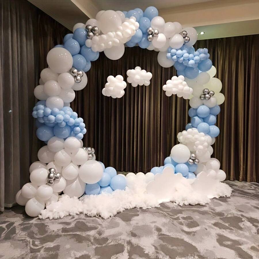 207-Piece White Macaron Blue Metallic Silver Balloon Wreath Kit - Foil Balloons, Perfect For Weddings, Gender Reveal Parties, Birthdays, Valentine's Day, Christmas Decorations - Party Decorations With Cloud And Floral Designs - Multicolor - View 1