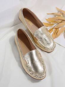 Women's Round Toe Penny Loafers, Plus Size, Mirror Polished, Solid Color, Flexible & Comfortable, Suitable For All Seasons, Minimalist Design, Polyurethane Upper, Fabric Lining, TPR Sole, No Sequins, Recommended Hand Wash Or Professional Dry Clean - Gold (buttons) - View 2