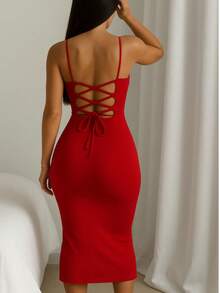 Vestido Suplex Longo Feminino Com Amarração nas Costas - Vermelho - Visão 4