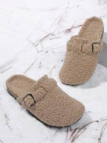 男女通用时尚蓬松厚底拖鞋，厚底，保暖衬里，一脚蹬，适合秋冬季，室内/室外穿着，办公室 - 棕色 - 查看 4