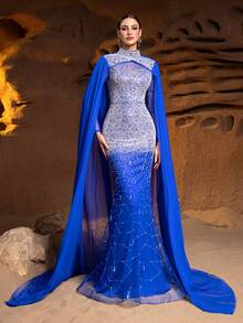 Faeriesty Váy dạ hội cổ giả đính hạt sang trọng với hạt pha lê xếp tầng và áo choàng vải tuyn mỏng manh cho vẻ quyến rũ, dạ hội thảm đỏ và tiệc cao cấp - Xanh đậm - Xem 1