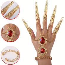 1 件/对指甲延长，万圣节服装金指甲爪手链朋克手指爪环，黑魔法部落篝火舞配饰，复古宝石水晶金可调节开口戒指手链套装