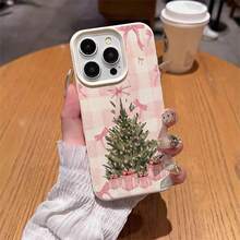 1pc TPU Material Cute Fresh Pink Plaid Christmas Tree Bow Gift Box Pattern Phone Case Compatible With IPhone/