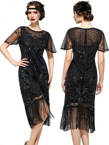1920s Plus Size Flapper Dress Vintage Fringed Gatsby Sequin Beaded Tassels Gatsby Dress Party Prom Cocktail Dress - Nhiều màu - Xem 1