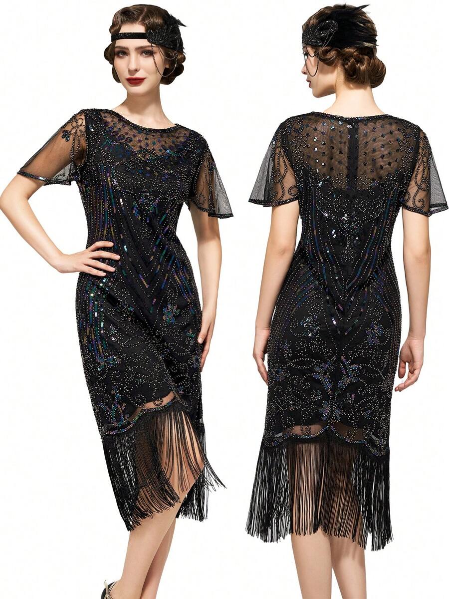 1920s Plus Size Flapper Dress Vintage Fringed Gatsby Sequin Beaded Tassels Gatsby Dress Party Prom Cocktail Dress - Nhiều màu - Xem 1
