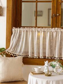 1 pièce Panneau de rideau à carreaux beige, rideau de style japonais pour café avec garniture à franges, rideau de cuisine à passant pour tringle, décoration de fenêtre pour salon et chambre à coucher, rideau de recouvrement d'armoire, décoration d'intérieur