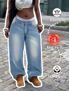 Women's Y2K Washed Vintage Wide Leg Jeans, Casual Street Style, All Season Spring - Light Blue - View 3
