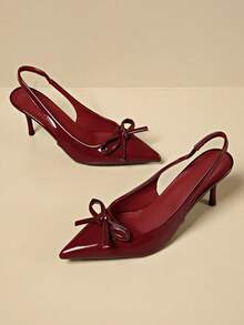 Sandalias de tacón alto con lazo de color liso para mujer, tacones de aguja puntiagudos, hermosos y elegantes, adecuados para fiestas, bodas, tacones altos de mujer de moda al aire libre. - Burdeos - Ver 6