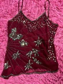 Mermaid Girl Fantasy Irregular Sequin Mesh Suspender Vest Sexy Hot Girl Top 2025 Summer Women's Design Sense - 酒紅色 - 查看 1