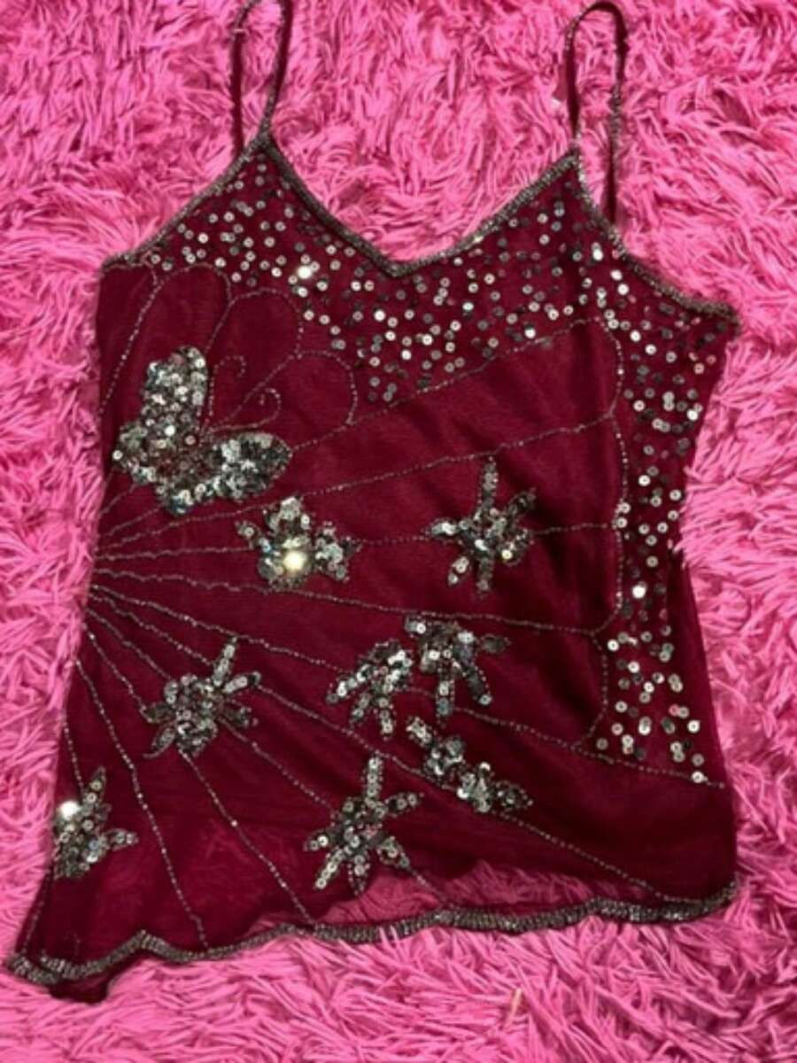 Mermaid Girl Fantasy Irregular Sequin Mesh Suspender Vest Sexy Hot Girl Top 2025 Summer Women's Design Sense - 酒紅色 - 查看 1