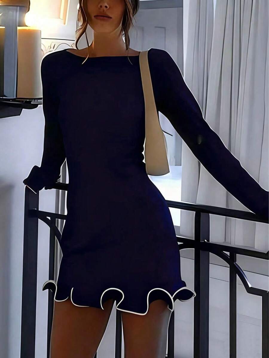 Women's Elegant Off Shoulder Ruffle Hem Bodycon Dress, Slim Fit, Suitable For Dates, Autumn/Winter - Navy Blue - View 1