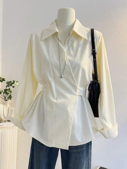 Women's French Style Back Tie Blouse, Waist-Defining Bow Tie Shirt With Long Sleeves, Slim-Fit Office Commute Top For Work & Home In Fall Winter Spring