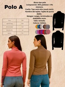 Set de 4 camisetas afelpadas para mujer, multicolor, clásicas y elegantes, colores lisos, sin estampados, tela de poliéster, con interior afelpado ligero, suave y cálido, ideales para temperadas de otoño, invierno e inicios de primavera, cuello alto tipo tortuga, con manga larga. Silueta ajustada para resaltar mejor tu figura. Te llagarán 4 camisetas afelpadas; 2 en color negro y 2 en color al azar. - Multicolor - Ver 4