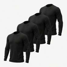 Kit 4 Men's Long Sleeve Cotton Round Neck T-Shirt - 黑色 - 查看 1