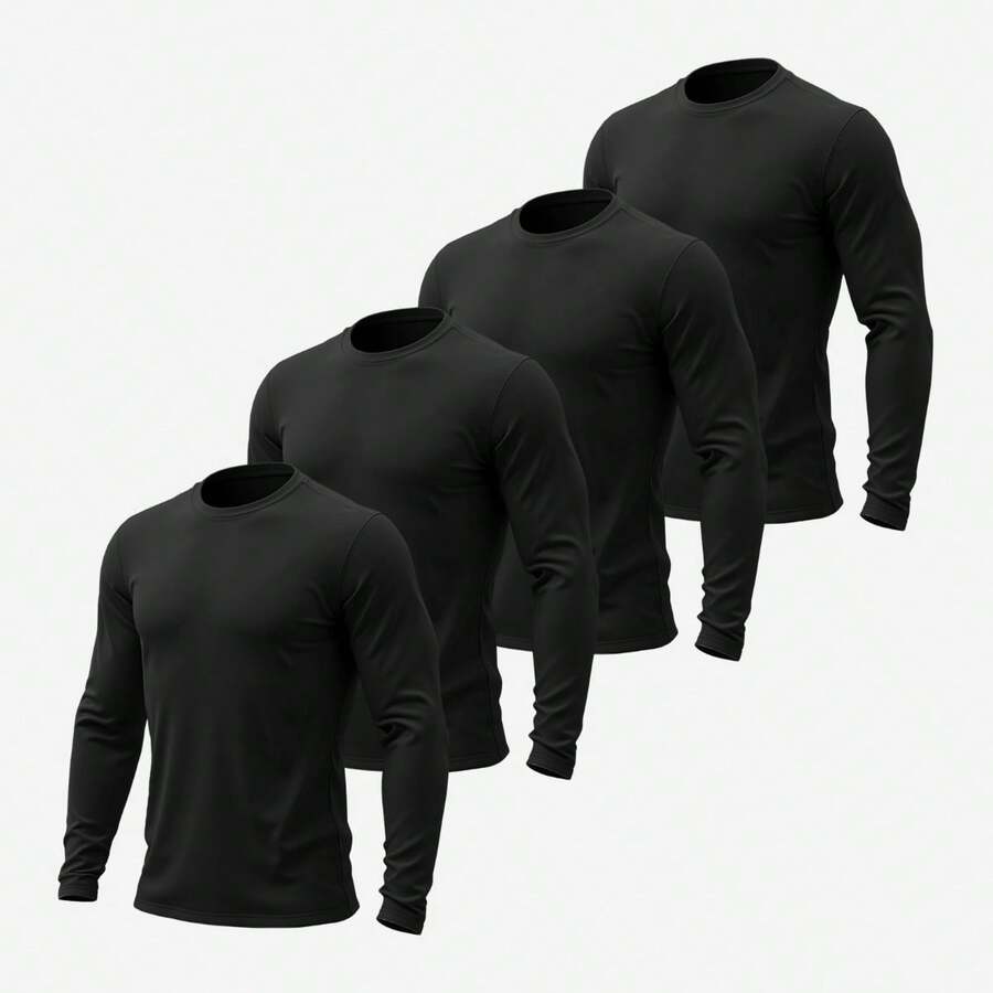 Kit 4 Men's Long Sleeve Cotton Round Neck T-Shirt - 黑色 - 查看 1