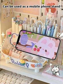 1pc Large Capacity Cute Desk Storage Box, Comes With Random Pattern DIY Stickers For Decoration. Made Of High-Quality Materials, Durable And Suitable For Stationery Storage, Pen Holder, Desk Organization And More. Creative Cartoon Design, Instagram-Inspired Style, Ideal For Girls, Students, Office Workers, Back-To-School Season, Birthday Gift Or Daily Study. - White - View 6