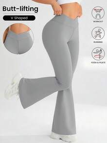 YZMJAFU 女士高腰喇叭裤，交叉弹力腰带设计，休闲百搭修身阔腿裤，弹力面料，凸显曲线，瑜伽/健身紧身打底裤，高腰隐形提臀收腹裤，柔软面料 - 淺灰色 - 查看 3