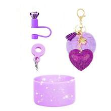 4 Stücke Zubehör-Set für Becher, Diamant-Strohhalm-Abdeckkappe, Glitzer-Silikonhülle für Becher, Silikonanhänger für Strohhalme, Diamant-Herz-Anhänger mit Bommel-Schlüsselanhänger, für Outdoor-Aktivitäten, Valentinstag