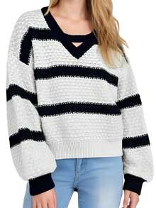 Women's Striped Loose Fit Sweater Fashionable Casual V Neck Long Lantern Sleeve Knit Patchwork Tops